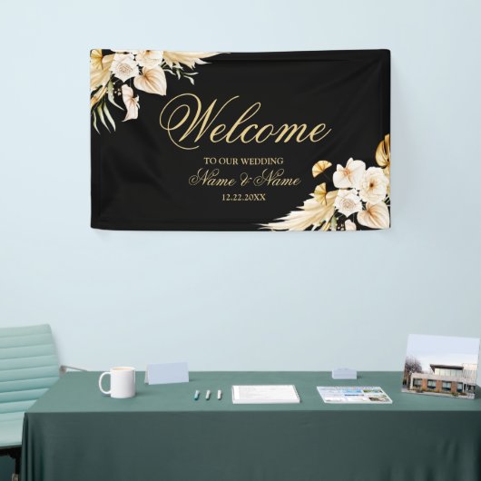 ウェルカムウェディングパーティー赤面ピンクフローラ金ゴールドブラック 横断幕 (トレードショー)