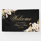 ウェルカムウェディングパーティー赤面ピンクフローラ金ゴールドブラック 横断幕 (横)