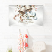 ウェルカムウェディングフラワーベルピンクブルーリボン 横断幕 (インサイチュ)