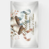 ウェルカムウェディングフラワーベルピンクブルーリボン 横断幕 (縦)