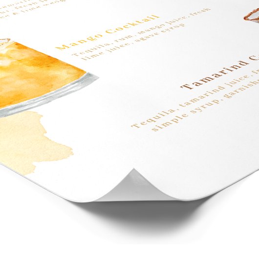 ウェルカムウォーターカラーカクテル結婚のドリンクメニュー ポスター (角)