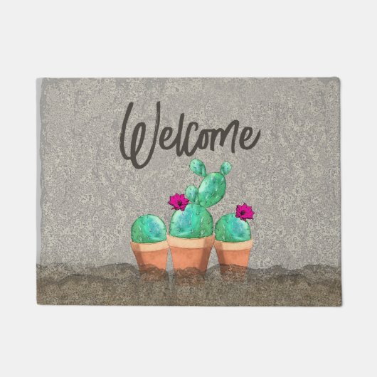 ウェルカムウォーターカラーサウスウェスト開花サボテン ドアマット (正面)