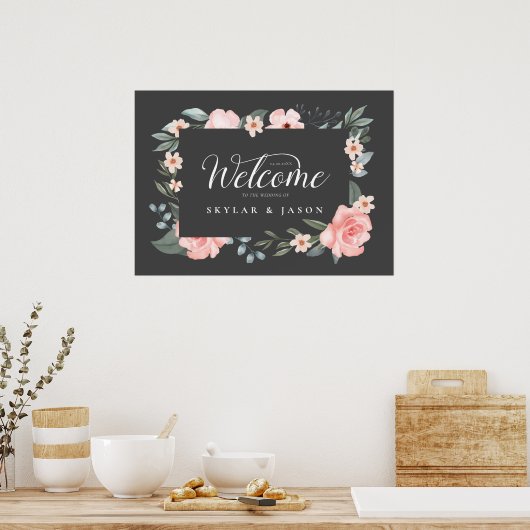 ウェルカムウォーターカラーバラと葉フレームグレー ポスター (キッチン)