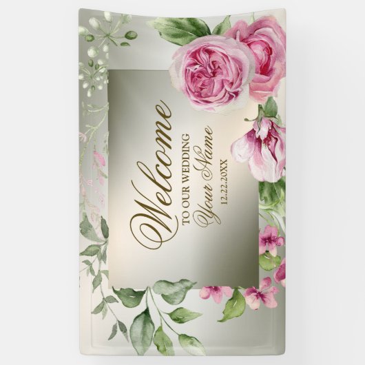 ウェルカムウォーターカラーピンクフローラフレーム光沢のあるブロンズ 横断幕 (縦)