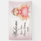 ウェルカムウォーターカラーピンクプリンセス誕生日パーティー 横断幕 (縦)