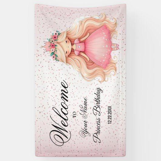 ウェルカムウォーターカラーピンクプリンセス誕生日パーティー 横断幕 (縦)