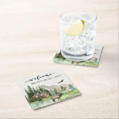 ウェルカムウォーターカラーフォレストキャビンホームレンタル スクエアペーパーコースター (インサイチュ)
