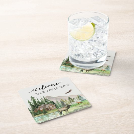 ウェルカムウォーターカラーフォレストキャビンホームレンタル スクエアペーパーコースター (インサイチュ)