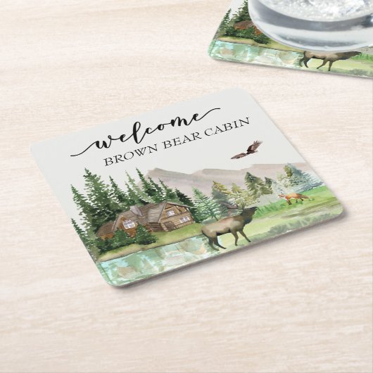 ウェルカムウォーターカラーフォレストキャビンホームレンタル スクエアペーパーコースター (アングル)