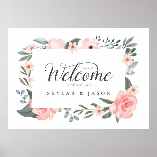 ウェルカムウォーターカラーフローラバラ&葉フレーム ポスター (正面)