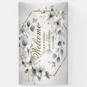 ウェルカムウォーターカラーホワイトフラワーゴールデンシルバー 横断幕 (縦)