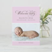 ウェルカムエレガントベビーガールラベンダーフォト誕生 案内状 (スタンド正面)