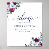 ウェルカムエレガントベリー、ブルー、ブルゴーニュフローラサイン ポスター (正面)