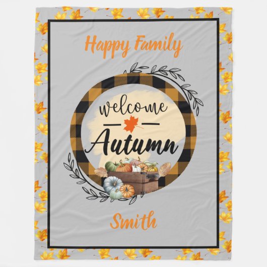 ウェルカムオータムカボチャヴィンテージ フリースブランケット (正面)