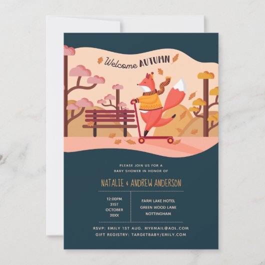 ウェルカムオータムコージーキツネフォークアートベビーシャワー 招待状 (正面)