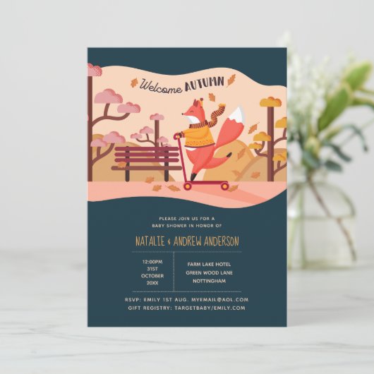 ウェルカムオータムコージーキツネフォークアートベビーシャワー 招待状 (スタンド正面)