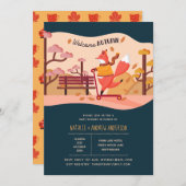 ウェルカムオータムコージーキツネフォークアートベビーシャワー 招待状 (正面/裏面)