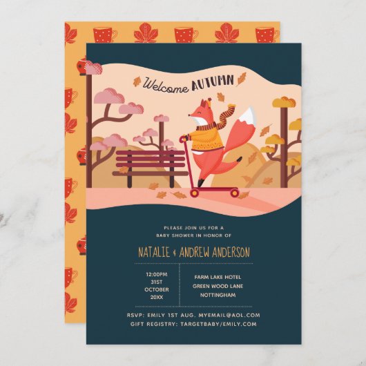 ウェルカムオータムコージーキツネフォークアートベビーシャワー 招待状 (正面/裏面)