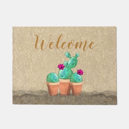 ウェルカムカシタウォーターカラーサウスウエストフラワーサボテン ドアマット (正面)