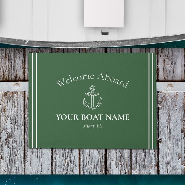 ウェルカムクアボード船名ハンターグリーン航海の⚓ ドアマット (Nautical Welcome Aboard Door Mat in Hunter Green Personalized with Your Boat Name and Home Port)