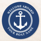 ウェルカムクアボード船名海いかりネイビーブルールーン ラウンドペーパーコースター (正面)