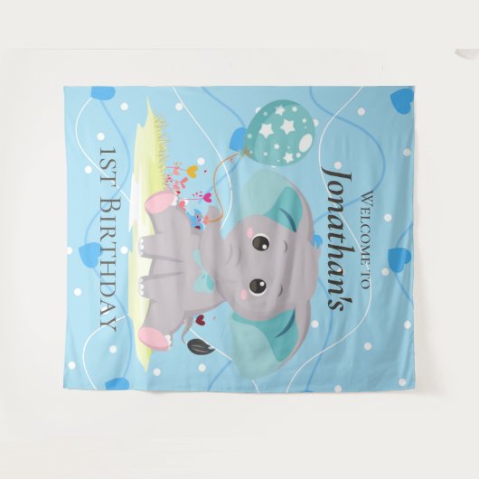 ウェルカムサインかわいい象の青の背景 タペストリー (正面(横))