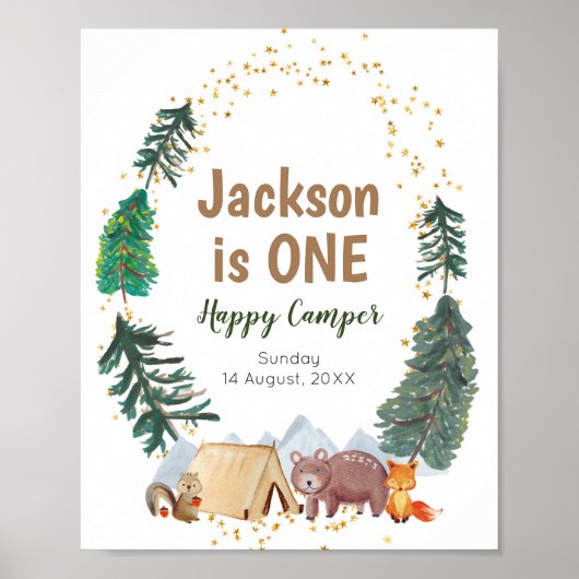 ウェルカムサインウォーターカラーハッピーキャンパー1st誕生日 ポスター (正面)