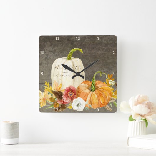 ウェルカムサインウッドファームハウスオータム秋ハーベスト スクエア壁時計 (ホーム)