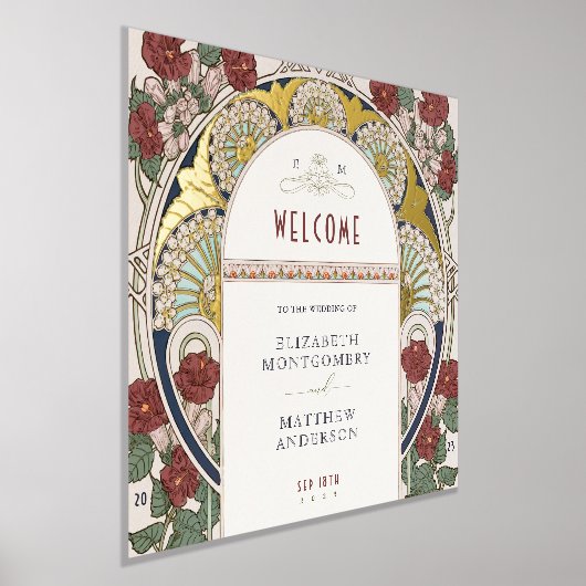 ウェルカムサインブーゲンビレアブルゴーニュ結婚金ゴールド 箔ポスター (レイダウン)