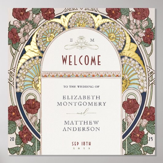 ウェルカムサインブーゲンビレアブルゴーニュ結婚金ゴールド 箔ポスター (正面)