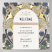 ウェルカムサインボガインビレアネイビーブルー結婚金ゴールド 箔ポスター (正面)