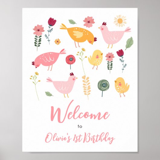 ウェルカムサインリトルチックファーム納屋周囲の庭誕生日 ポスター (正面)