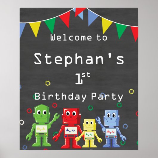 ウェルカムサインロボットをテーマにした誕生日パーティー ポスター (正面)