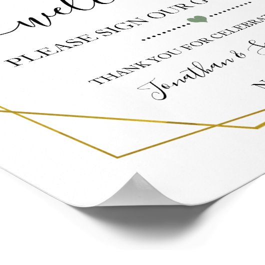 ウェルカムサイン私たちのゲスト結婚ブックの緑の金ゴールド ポスター (角)