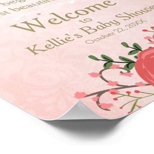 ウェルカムサイン赤ちゃんシャワー女の子ピンクと金ゴールドフローラ ポスター (角)