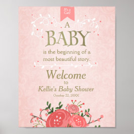 ウェルカムサイン赤ちゃんシャワー女の子ピンクと金ゴールドフローラ ポスター