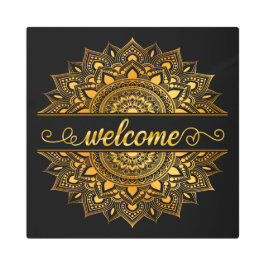 ウェルカムサイン金ゴールドマンダラオンブラック メタルプリント