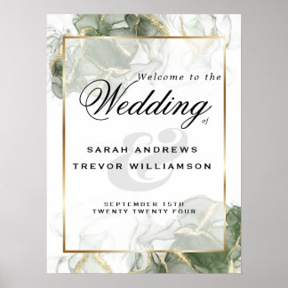 ウェルカムサイン金ゴールドミュートセージ緑のインク ポスター