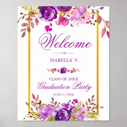 ウェルカムサイン |シックエレガント金ゴールドパープルフローラ ポスター (正面)