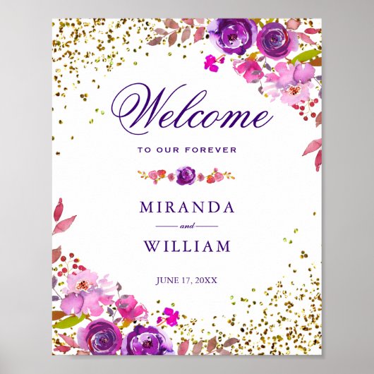ウェルカムサイン |シックエレガント金ゴールドパープルフローラ ポスター (正面)