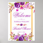 ウェルカムサイン |シックエレガント金ゴールドパープルフローラ ポスター (正面)
