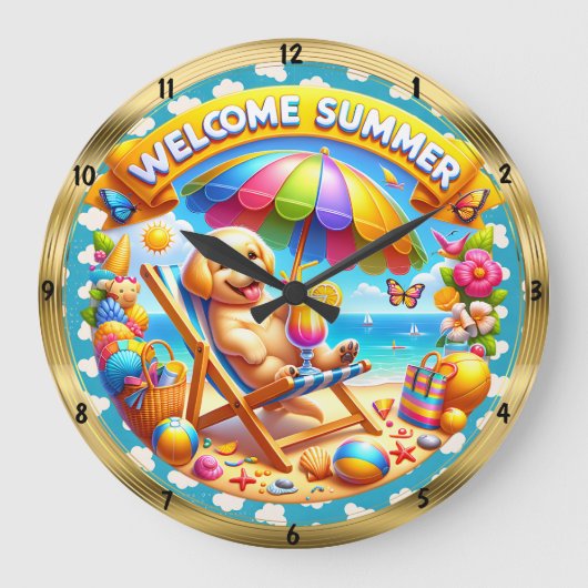 ウェルカムサマードッグビーチおもしろい ラージ壁時計 (正面)
