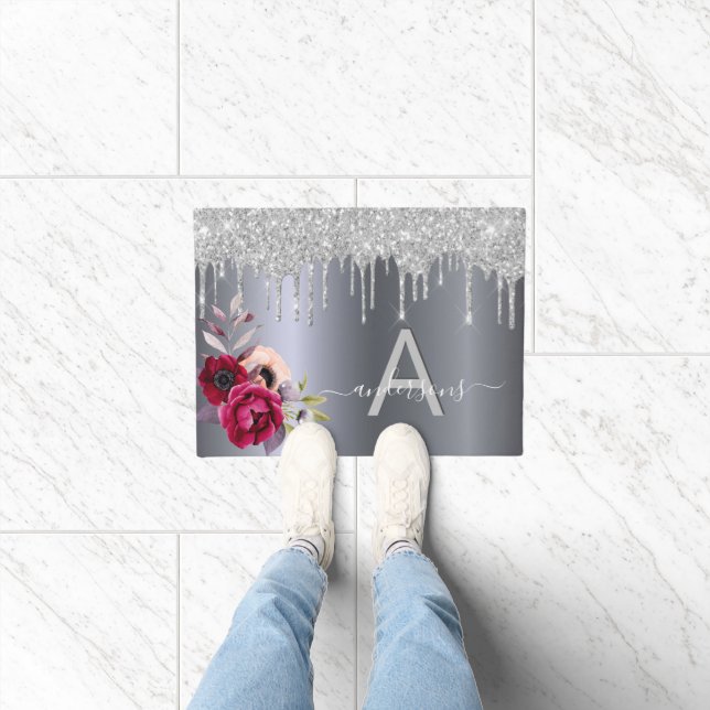 ウェルカムシルバーグリッターブルゴーニュフローラモノグラム ドアマット (室内)