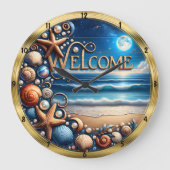ウェルカムシーシェルスターフィッシュムーンライトビーチ ラージ壁時計 (正面)