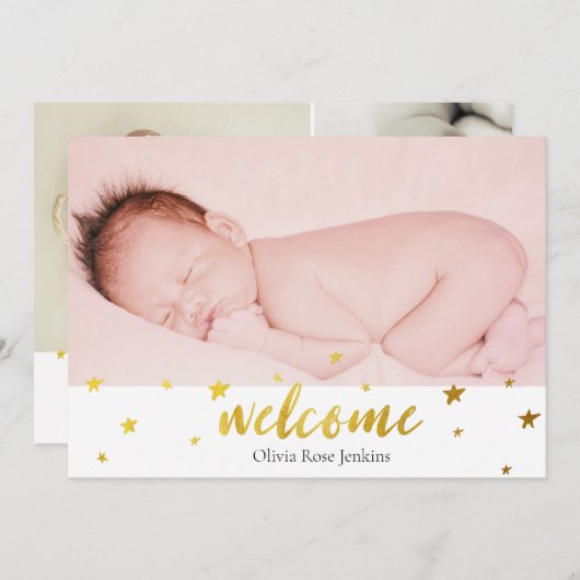 ウェルカムスクリプト金ゴールドスターズフォトベビーガール誕生 案内状 (正面/裏面)
