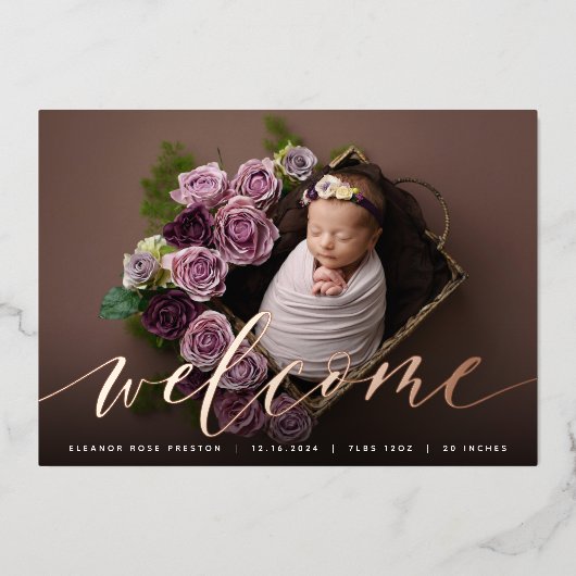 ウェルカムスクリプト | バラゴールドフォイル誕生発表 箔招待状 (正面)