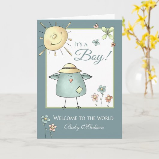 ウェルカムソン – 名前をカスタムするベビー祝い カード (黄色い花)