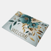 ウェルカムターコイズホワイトフラワーゴールデン葉ズ ドアマット (アングル)