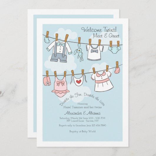 ウェルカムツインズミートアンドあいさつ招待状 招待状 (正面/裏面)