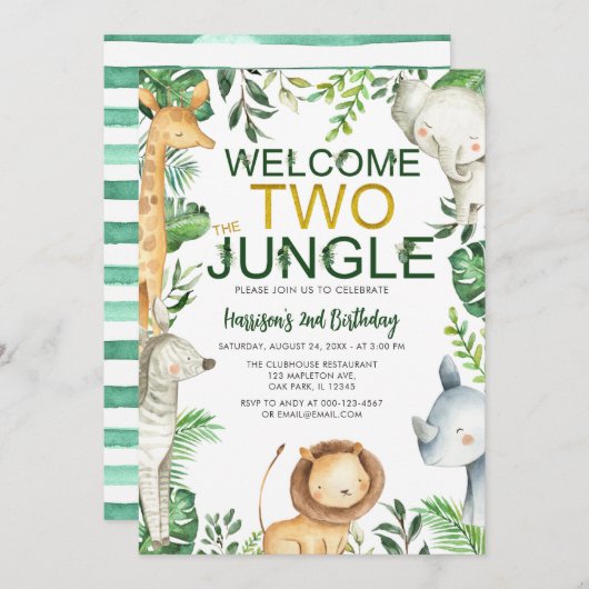 ウェルカムツージャングルサファリアニマルズ誕生日 招待状 (正面/裏面)